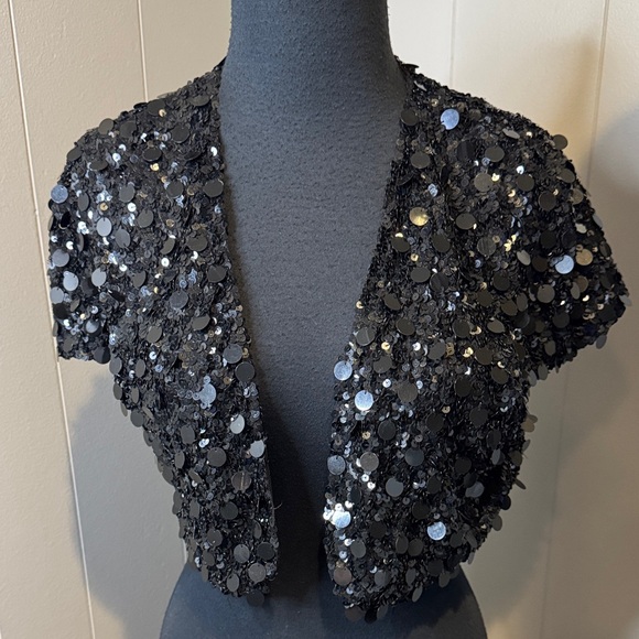 B14 Betsey Johnson black sequin open front short sleeve shrug / bolero. Medium. - Picture 1 of 4